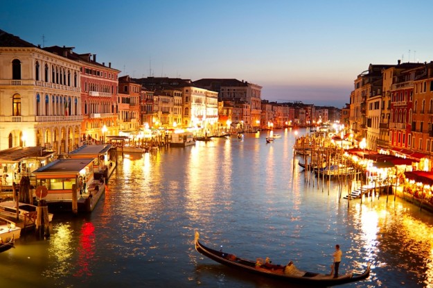 Beautiful Grand canale at dusk in Venice. View from Rialto Bridge