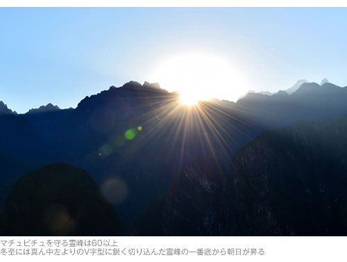 マチュピチュを守る霊峰は60以上。冬至には真ん中左よりのV字型に鋭く切り込んだ霊峰の一番底から朝日が昇る。