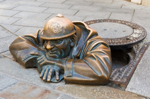 bronze sculpture called man at work Bratislava Slovakia