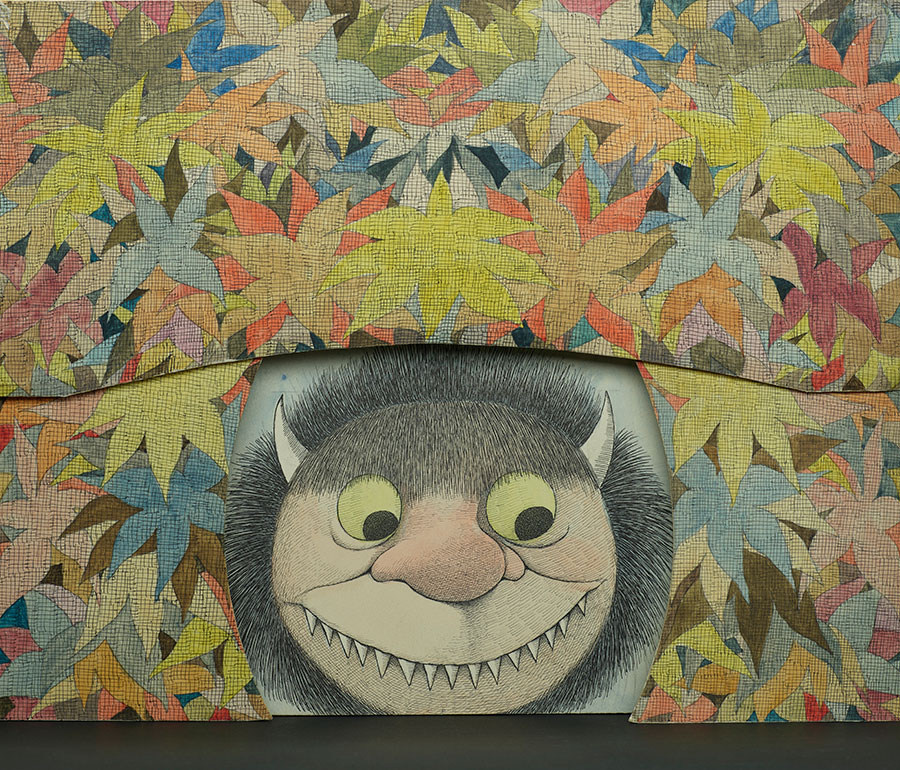 Maurice Sendak (1928-2012), Diorama of Moishe scrim and flower proscenium (Where the Wild Things Are), 1979-1983, watercolor, pen and ink, and graphite pencil on laminated paperboard. © The Maurice Sendak Foundation. The Morgan Library & Museum, Bequest of Maurice Sendak, 2013.103:69, 70, 71. Photography by Graham Haber, 2018.