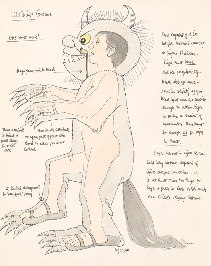 Maurice Sendak (1928-2012), Study for Wild Things costume, with notes (Where the Wild Things Are), 1979, watercolor, pen and ink, and graphite pencil on paper. © The Maurice Sendak Foundation. The Morgan Library & Museum, Bequest of Maurice Sendak, 2013.103:19. Photography by Janny Chiu.